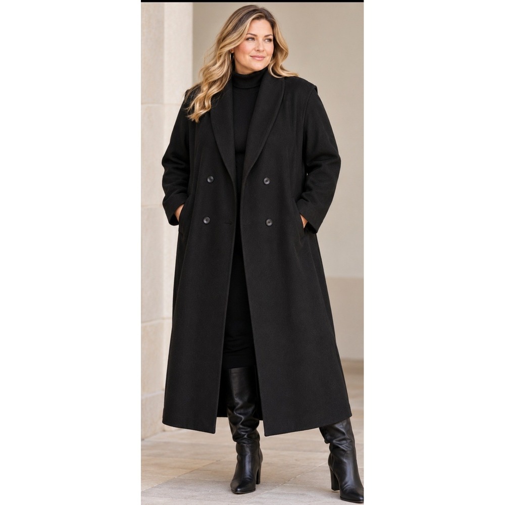 Stephanie Mathews Woman 24W Black 100% Wool Double Breasted Long Trench Coat